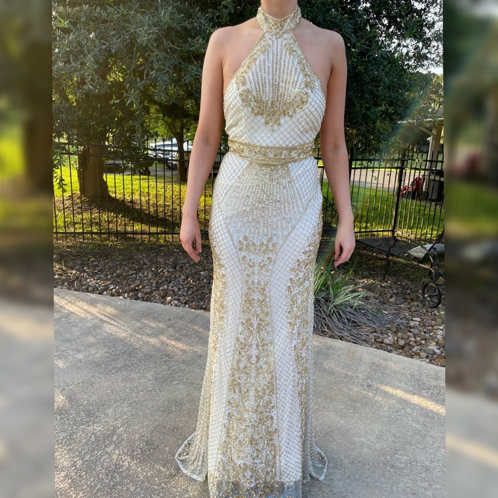 Gold and White Rachel Allan Formal Beaded Gown